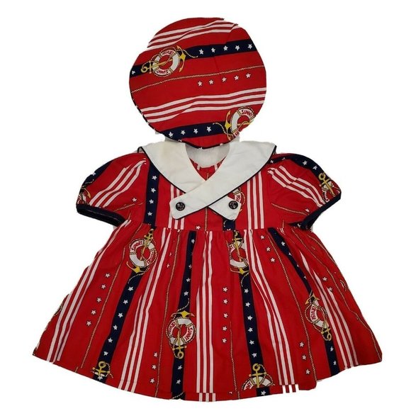 VTG Girls Sz 18 Months Sailor Dress 4th Of July Hat Red Anchor‎ Stars Patriotic - Picture 1 of 10
